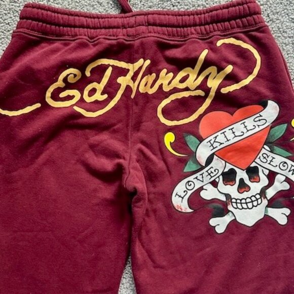 Ed Hardy Sangria Wine Skull Love Kills Slowly Gold Logo Wide Leg Sweatpants Sz.M - Picture 6 of 7